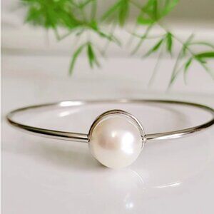 Sterling Silver Dainty Floating Fresh Water Pearl Bangle Bridesmaid, Anniversary